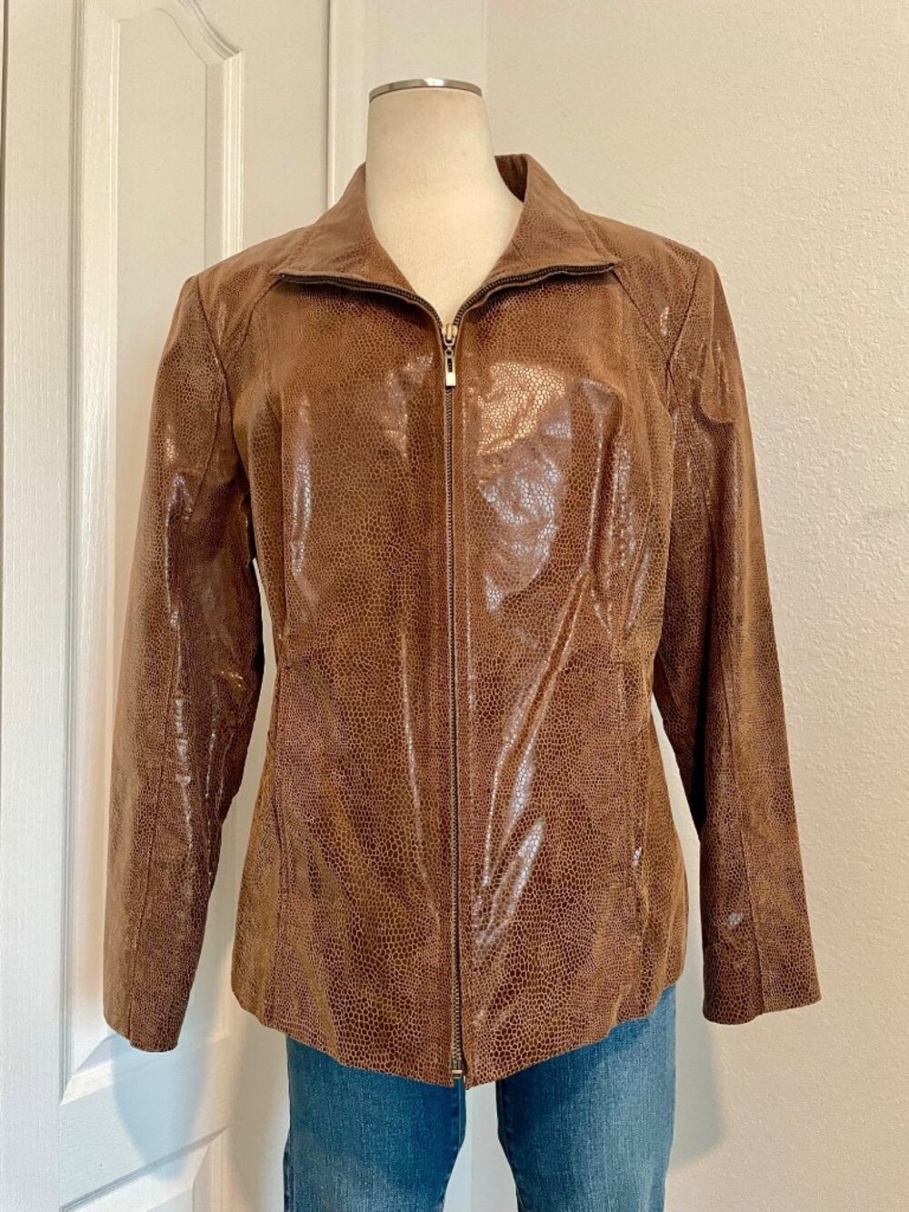 Vintage Y2K Preston & York Brown Leather Snakeskin Jacket Women’s Size Large